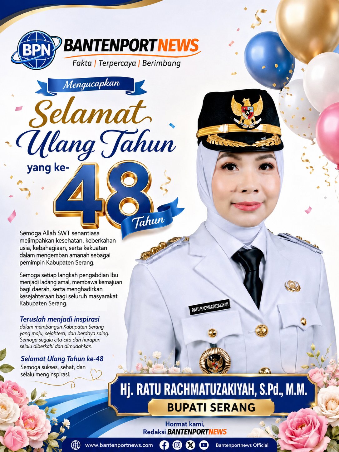 ucapan selamat ulang tahun untuk Bupati Serang, Hj. Ratu Rachmatuzakiyah, S.Pd., M.M